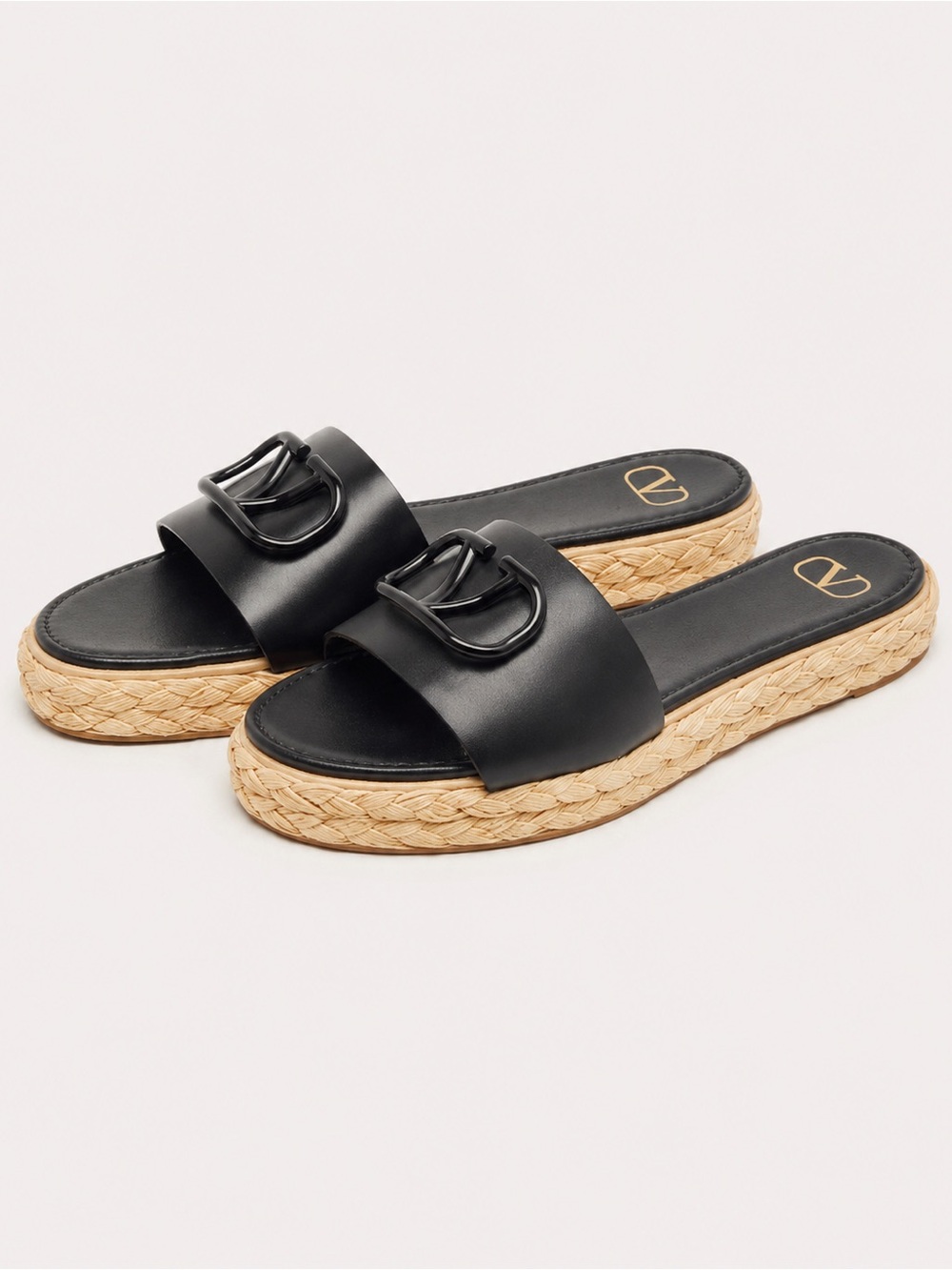 Valentino Garavani Black Leather and Raffia Platform Slides - Picture 3 of 5